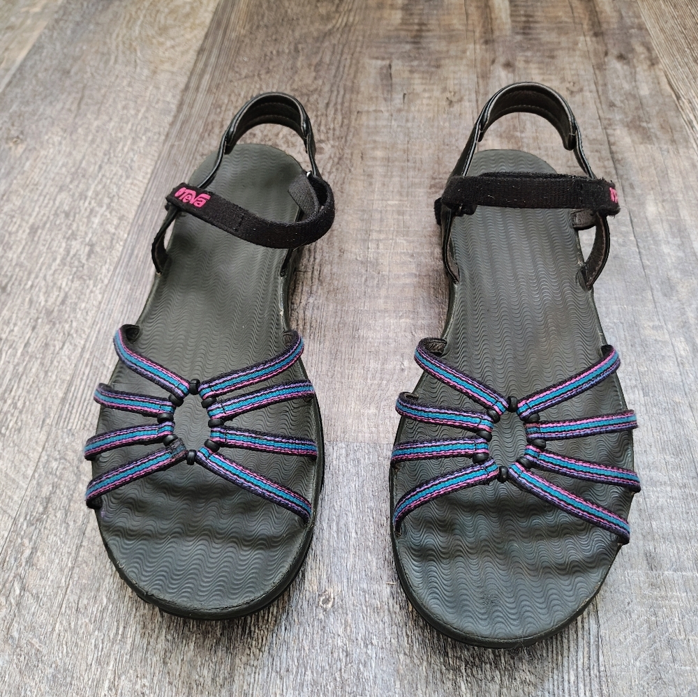 Teva strappy flat blue/pink exercise sandals women's 12